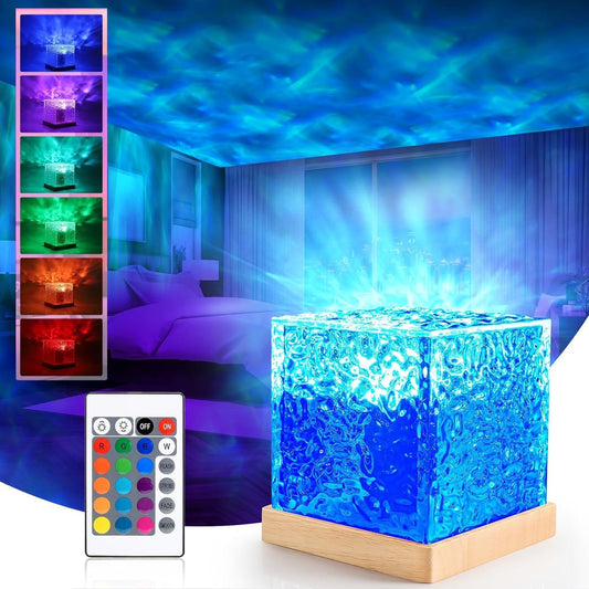 3D Ocean Wave Projector Lamp – USB Rechargeable LED Night Light with Remote | Multicolor Crystal Cube for Bedroom, Home Decor & Gifts